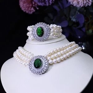 Gorgeous  triple strands  natural white pearl necklace bracelet earrings - Picture 1 of 3