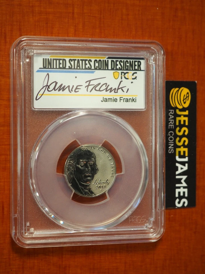 2018 S 5C PROVA REVERSA JEFFERSON NÍQUEL PCGS PR70 JAMIE FRANKI ASSINADO À MÃO  - Imagem 1 de 2