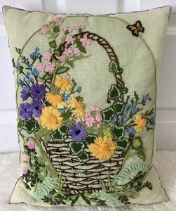 VTG 70's MCM Crewel Embroidery Flower Basket Butterfly Cottage Core Pillow 16x13 - Picture 1 of 5