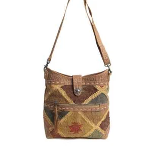 Borsa a tracolla Mahsen Bloom - grande tappeto e borsa in pelle - colori caldi - molte tasche - Foto 1 di 8