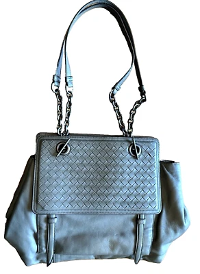 Vintage Bottega Veneta Intrecciato Gray Double Flap Chain Tote Shoulder Bag - Image 1 of 4