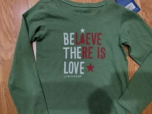 NWT Life is Good 5 Long Sleeve Crusher Tee Believe There is Love Green Christmas - Picture 1 of 6