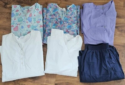 Lot 6 XL Scrubs 2 WHITE Nurse Scrub Tops 1 Jacket 1 Navy Blue Pants Vet Dental - Image 1 of 4