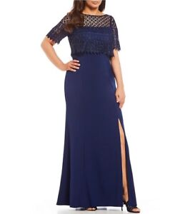 💙 ADRIANNA PAPELL Navy Blue Beaded Crochet Lace Popover Crepe Stretch Gown 24W