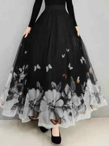 Maple Women's Floral Print Mesh Tulle High Waist Flowy A-line Maxi Skirt Size L - Picture 1 of 7