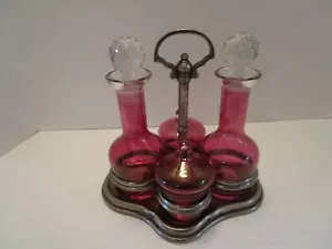 Antique Flash Cranberry glass cruet 9 Pc. set Castor condiment & Metal stand - Picture 1 of 12
