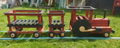 Train Steam Engine Wooden Garden Herb Planter Plant Pot Carriages. Recycled. - Image 1 of 3