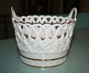 Lenox Ivory Classic Pierced Lattice Round Sachet Handle Basket 24K Gold Trim - Picture 1 of 5