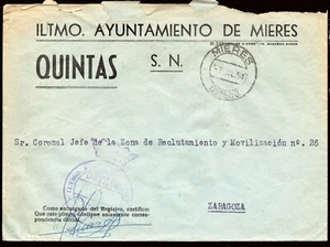 Asturias - 1954 - Sobre de "Quintas" con franquicia y Mat "Mieres 7/7/54" - Picture 1 of 1
