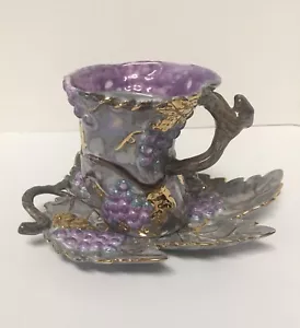 Unique handmade Grapes Tea Cup And Leaf Saucer Gold Accents Signed By Artist - Picture 1 of 11