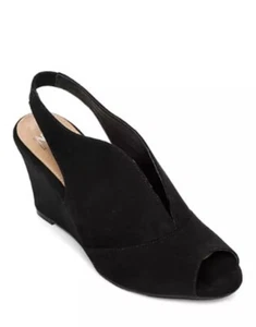 New Directions Talla 7 M Karolyn Negro Imitación Gamuza Punta abierta Zapatos de cuña con cordones - Imagen 1 de 9