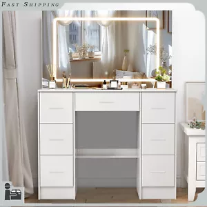 Vanity Desk Set Bedroom Makeup Dressing Table w/ LED Lighted Mirror & 7 Drawers - Picture 1 of 9