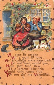 To My Valentine Raphael Tuck Leatherette Poem Cat Bench Couple Postcard - Picture 1 of 2