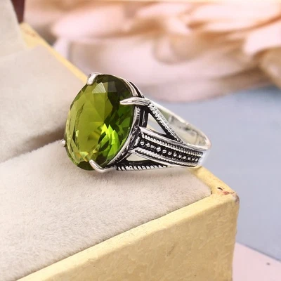 925 Sterling Silver Rose Cut Green Peridot Gemstone Jewelry Ring (US All Size) - Image 1 of 3