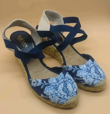 Size 9 Ralph Lauren Casandra Espadrille Shoes Wedge Jute Linen Blue Floral EUC - Image 1 of 4
