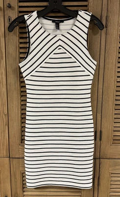 White Mini Bodycon Dress with Black Stripes Sleeveless Size Small - Image 1 of 4