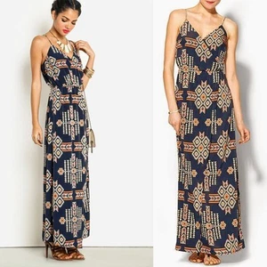 Under Skies Anthropologie Navy Aztec Boho Maxi Wrap Style Dress V-Neck Strap : S - Picture 1 of 10