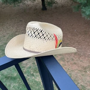STETSON COWBOYHUT AUS STROH MIT FEDERN - JOHN B STETSON - GRÖSSE 7 1/8 - Bild 1 von 17