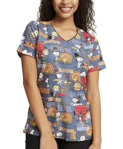 Peanuts Cherokee Scrubs Tooniforms Thanksgiving V Neck Top TF614 PNRT - Picture 1 of 5