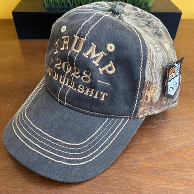 TRUMP 2028 NO BULLSHIT REAL TREE EDGE CAMO HAT EMBROIDERED IN BRONZE CAP - Image 1 of 2