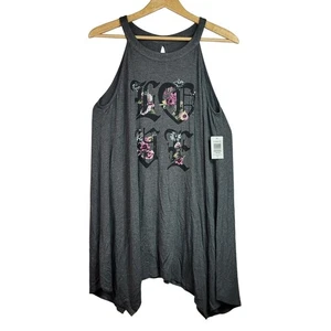 Torrid Love Sleeveless Tunic Top Gray 1X Crew Neck Floral Keyhole Sharkbite NWT - Picture 1 of 7