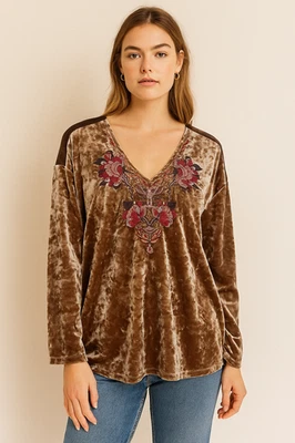 Top Vintage America Terciopelo Bordado Floral Marrón Terciopelo Aplastado Boho Talla XL Foto 1 de 4