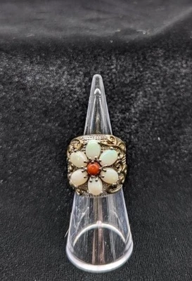 Sz 5 Welo Opal & Mediterranean Coral Flower Ring 925 Silver w/ Gold Accent 927-1 - Image 1 of 3