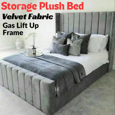 BEDZUK Ottoman Storage Bed Winged Plush Velvet Fabric Bed - Gas Lift Up Frame Headboard
