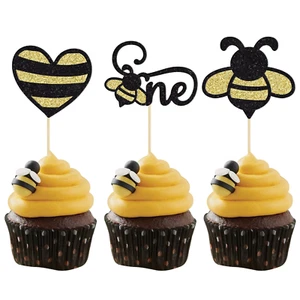 24Pcs Bumble Bee One Cupcake Toppers Heart Bumble Bee Cake Decorations for Boy G - Picture 1 of 12