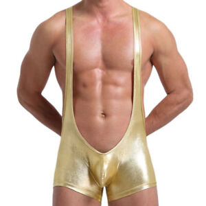 Sexy Men's PU Leather Latex Underwear Short Boxer Bodysuit Wrestling Singlet