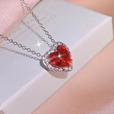 Серебро 925 красный любовь сердце драгоценный камень CZ подвеска ожерелье 18» подарочная коробка I1 - Изображение 1 из 4