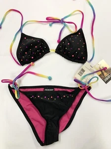 Joe Boxer Black Rainbow Rhinestones Detail Bikini Swimsuit Triangle Top S NEW - Picture 1 of 8