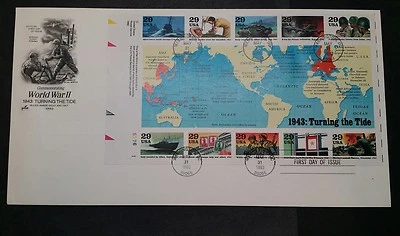 # 2765 29c WWII 1943 TURNING THE TIDE FDC HALF SHEET 10 STAMPS ARTCRAFT 5/31/199 - Image 1 of 4