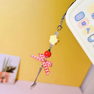 Red Plaid Ribbon Spoon Mobile Phone Chain Pendant Keychain Lanyard Camera Chain - Zdjęcie 1 z 7