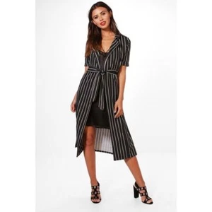 Boohoo Petite Emily Stripe Belted Duster Jacket Size 8 Uk BNWT RRP £23.99 Black - Picture 1 of 2
