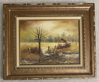 Carro de granero Everett Woodson vintage firmado pintura al óleo 24x20 Foto 1 de 4