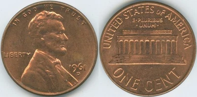 Estados Unidos 1961 D 1 centavo Lincoln Memorial KM#201 bronce Foto 1 de 4