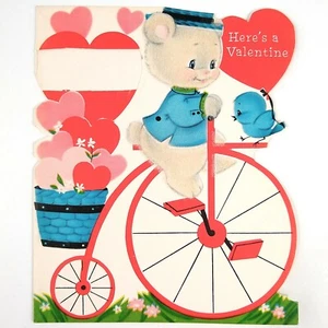 Tarjeta de San Valentín troquelada Norcross vintage años 60 oso flocado bicicleta brillo sin usar - Imagen 1 de 12