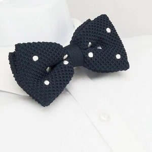 Navy Blue Mens Polka Dot Bow Tie Knit Knitted Pretied Necktie - Picture 1 of 1