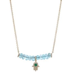 Oro Amarillo Aguamarina Esmeralda Diamante Hamsa Mano Collar 14k Rondana .17ctw - Imagen 1 de 9