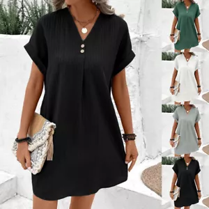 Womens V-Neck Mini Shirt Dress Ladies Summer Holiday Short Sleeve Loose Sundress - Picture 1 of 20