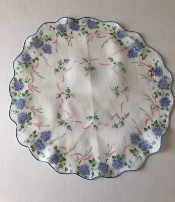 复古圆形 HandkerChief/Hanky 蓝色,粉色丝带,绿色花卉 12 — 第 1/4 张图片