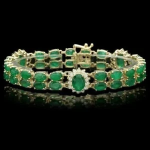 15 Ct Oval Lab Created Diamond & Emerald Tennis Bracelet 14K Yellow Gold Plated - Picture 1 of 6