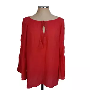 Counter Parts Top Womens Large Coral Peasant Boho Bell Sleeve Tasseled Tunic - Picture 1 of 12