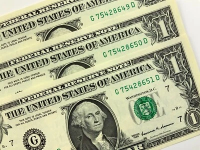 1999 United States America One 1 Dollar Consecutive Uncirculated Banknotes Y857 - Image 1 of 4