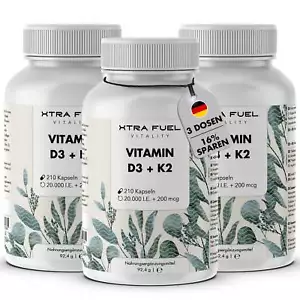 Vitamin D3 K2 20000 I.E. + 200mcg (630 Kapseln) - 100% rein & geprüft (3er Pack) - Bild 1 von 8