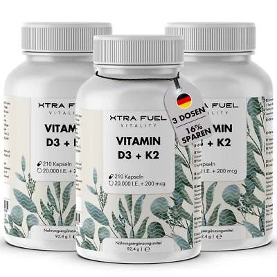 XTRA FUEL Vitamin D3 K2 20000 I.E. + 200mcg (630 Kapseln) - 100% rein & geprüft (3er Pack)
