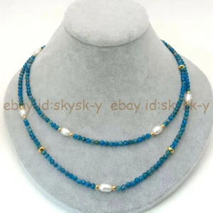 2 Rows 3mm Faceted Natural Blue Apatite 6-7mm White Rice Pearl Necklace 17-18'' - Picture 1 of 4