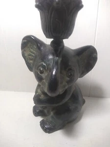 Metal Bronze Baby Elephant Trunk Up Candle Holder Good Luck - Picture 1 of 9
