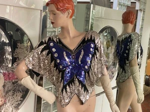 VTG Top Women Size S 100% Silk Sequined Silver Blue Butterfly Blouse Disco - Picture 1 of 8